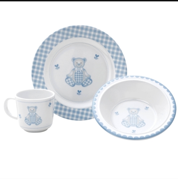 Blue Gingham Teddy Bear 3 Pc. Baby Toddler Melamine Dinner Set ~ Reed & Barton - Picture 11 of 11